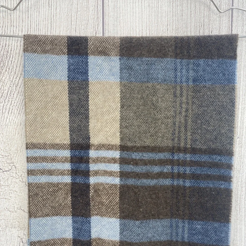 Italian Woollen Treasures Scarf Blue Brown Plaid 100% Wool 11